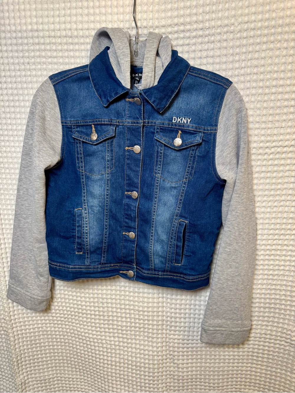 DKNY Blue Denim Jacket with Gray Hoodie Sleeves